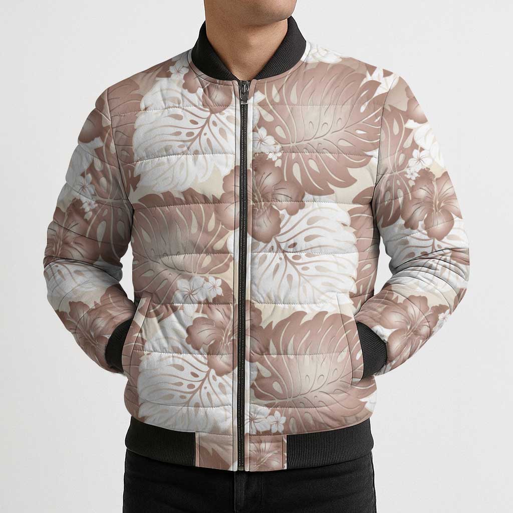 Mocha Mousse Aloha Hawaii Bomber Puffer Jacket Monstera Hibiscus Plumeria Seamless Vibes - Polynesian Pride