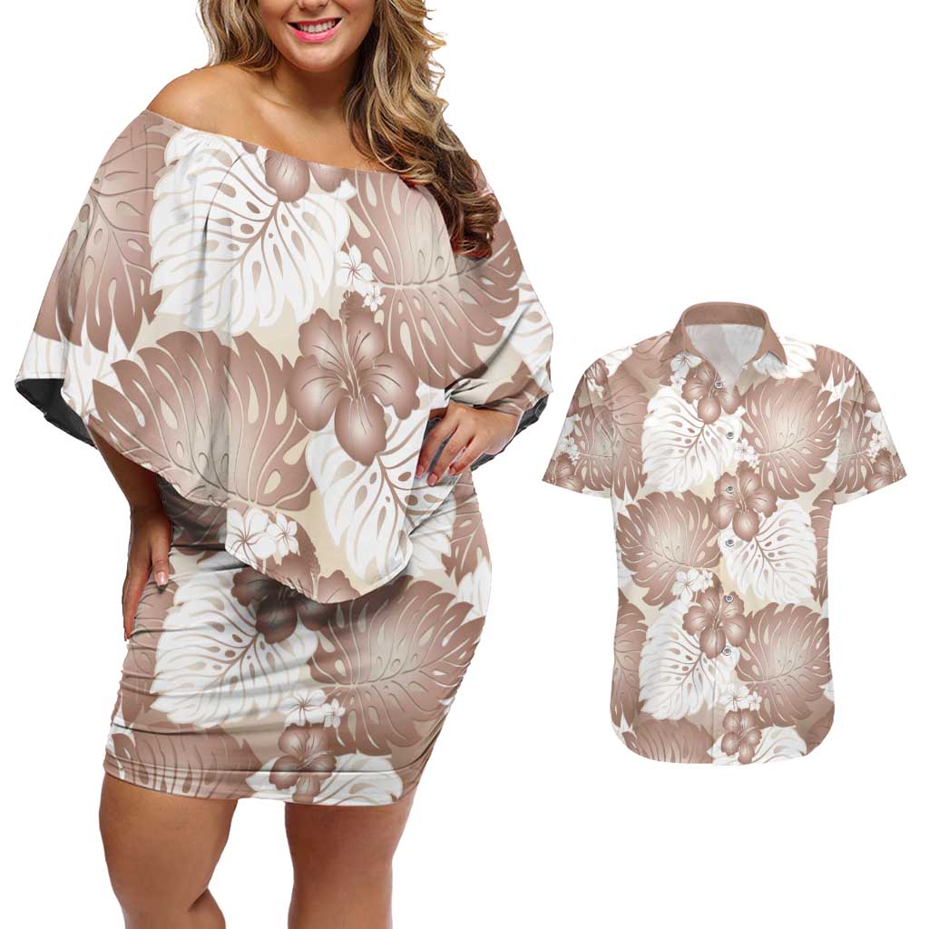 Mocha Mousse Aloha Hawaii Couples Matching Off Shoulder Short Dress and Hawaiian Shirt Monstera Hibiscus Plumeria Seamless Vibes - Polynesian Pride