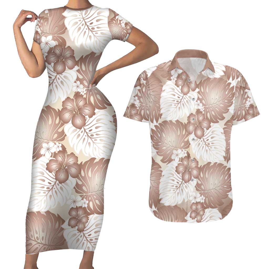 Mocha Mousse Aloha Hawaii Couples Matching Short Sleeve Bodycon Dress and Hawaiian Shirt Monstera Hibiscus Plumeria Seamless Vibes - Polynesian Pride