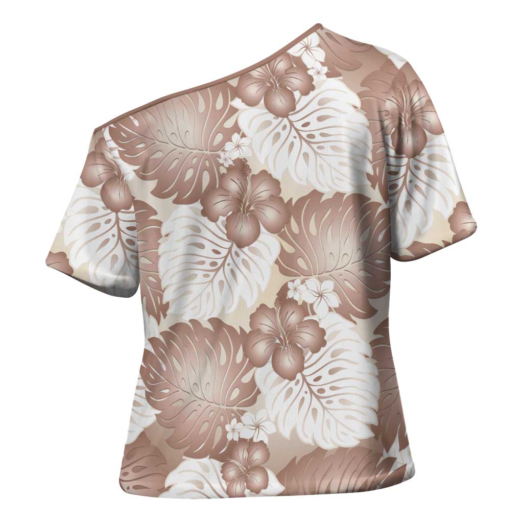 Mocha Mousse Aloha Hawaii Cross Shoulder Shirt Monstera Hibiscus Plumeria Seamless Vibes - Polynesian Pride