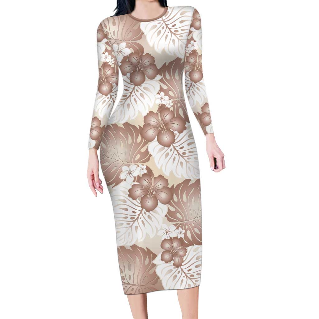 Mocha Mousse Aloha Hawaii Family Matching Long Sleeve Bodycon Dress and Hawaiian Shirt Monstera Hibiscus Plumeria Seamless Vibes - Polynesian Pride