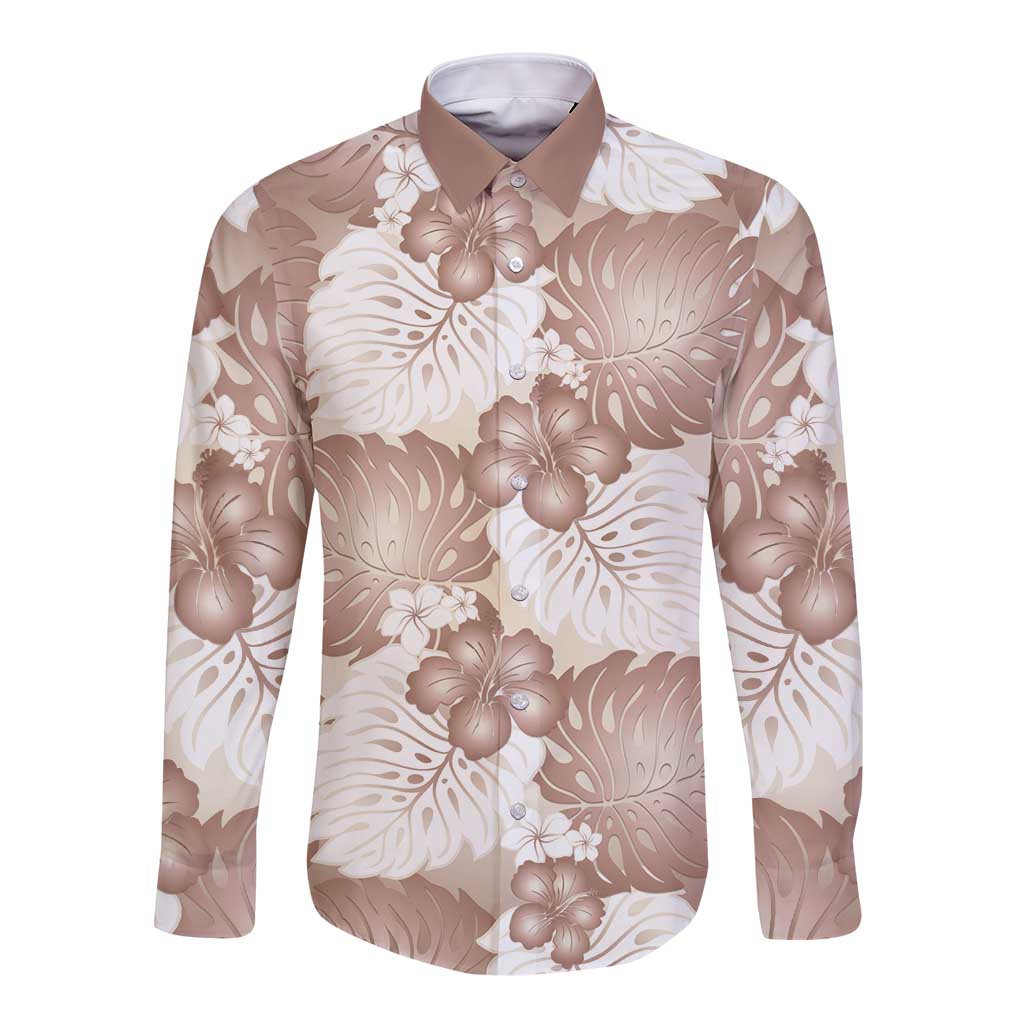 Mocha Mousse Aloha Hawaii Long Sleeve Button Shirt Monstera Hibiscus Plumeria Seamless Vibes - Polynesian Pride