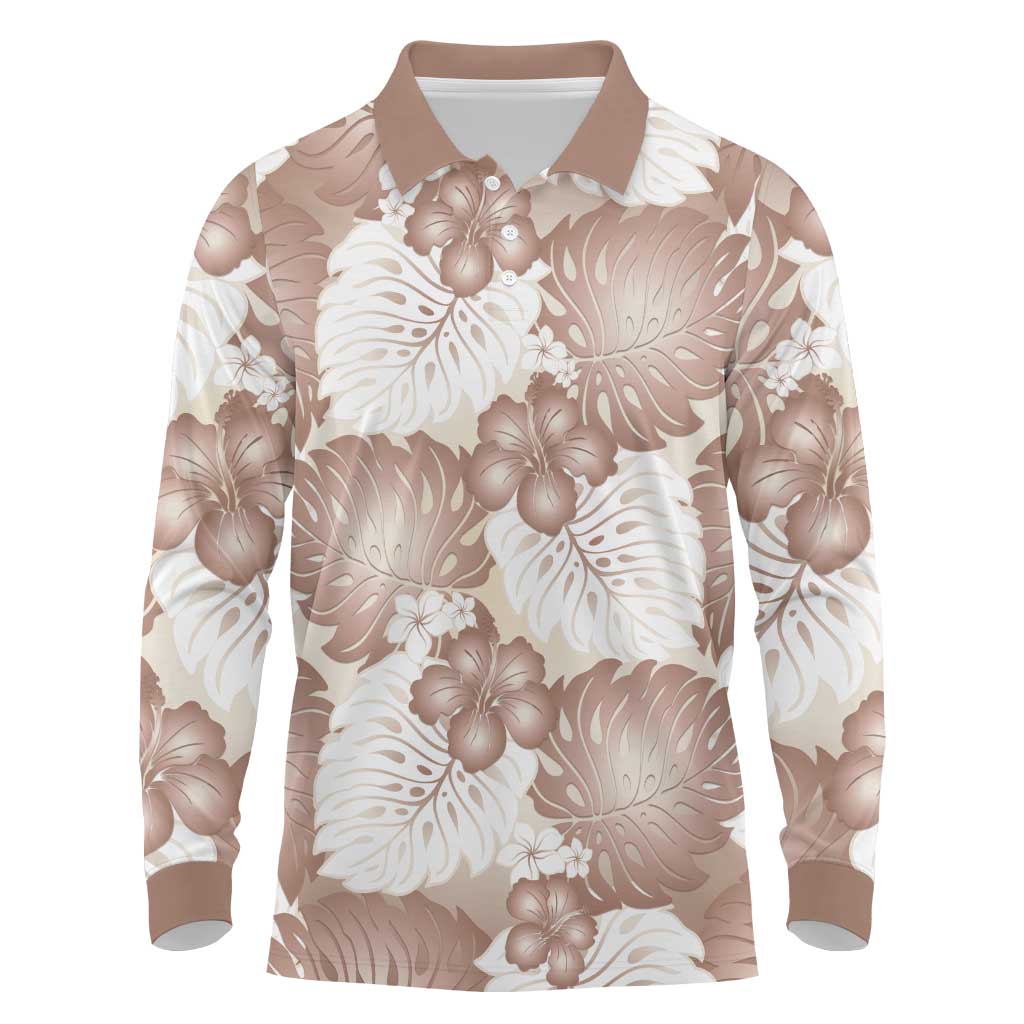 Mocha Mousse Aloha Hawaii Long Sleeve Polo Shirt Monstera Hibiscus Plumeria Seamless Vibes - Polynesian Pride