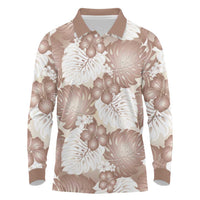 Mocha Mousse Aloha Hawaii Long Sleeve Polo Shirt Monstera Hibiscus Plumeria Seamless Vibes - Polynesian Pride