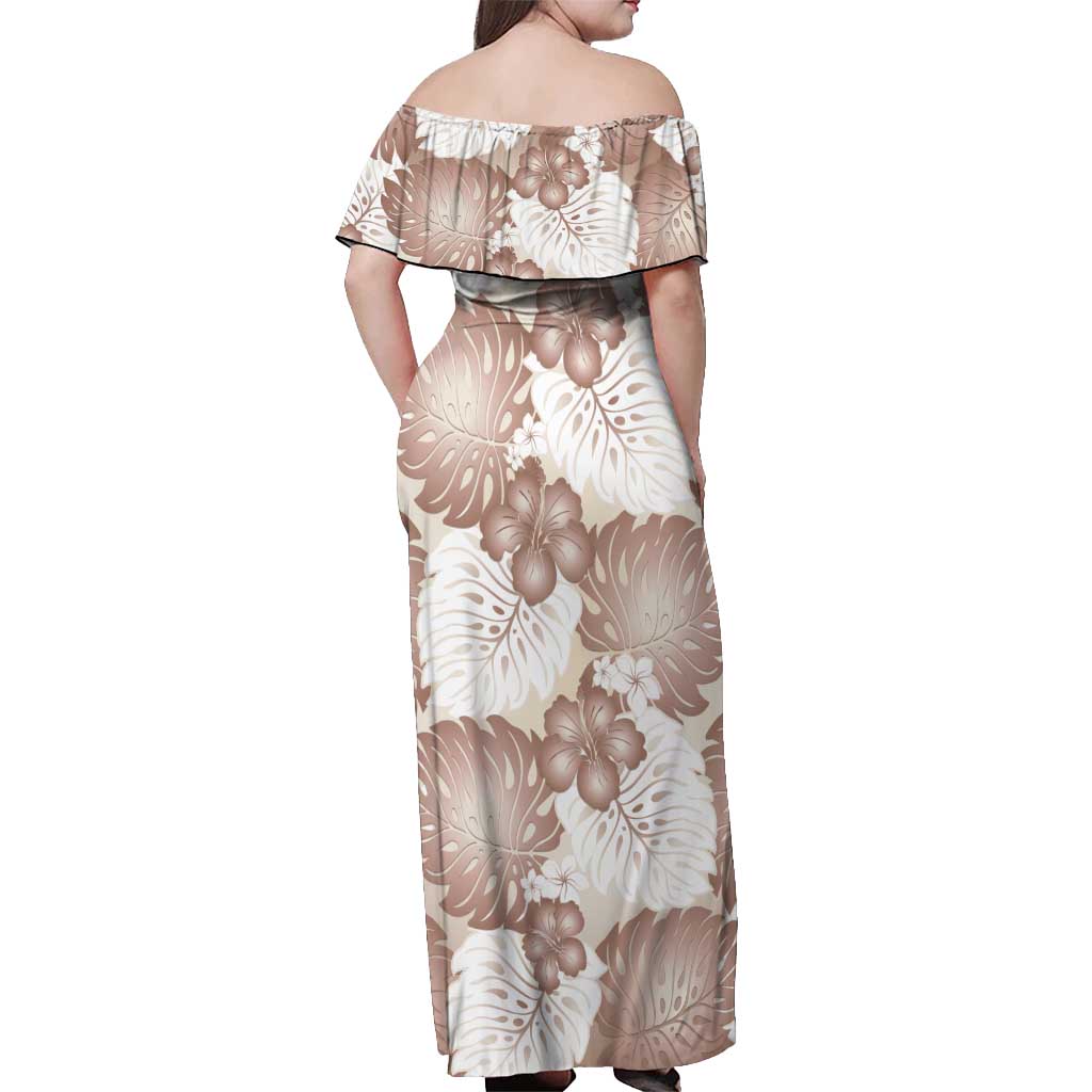 Mocha Mousse Aloha Hawaii Off Shoulder Maxi Dress Monstera Hibiscus Plumeria Seamless Vibes - Polynesian Pride