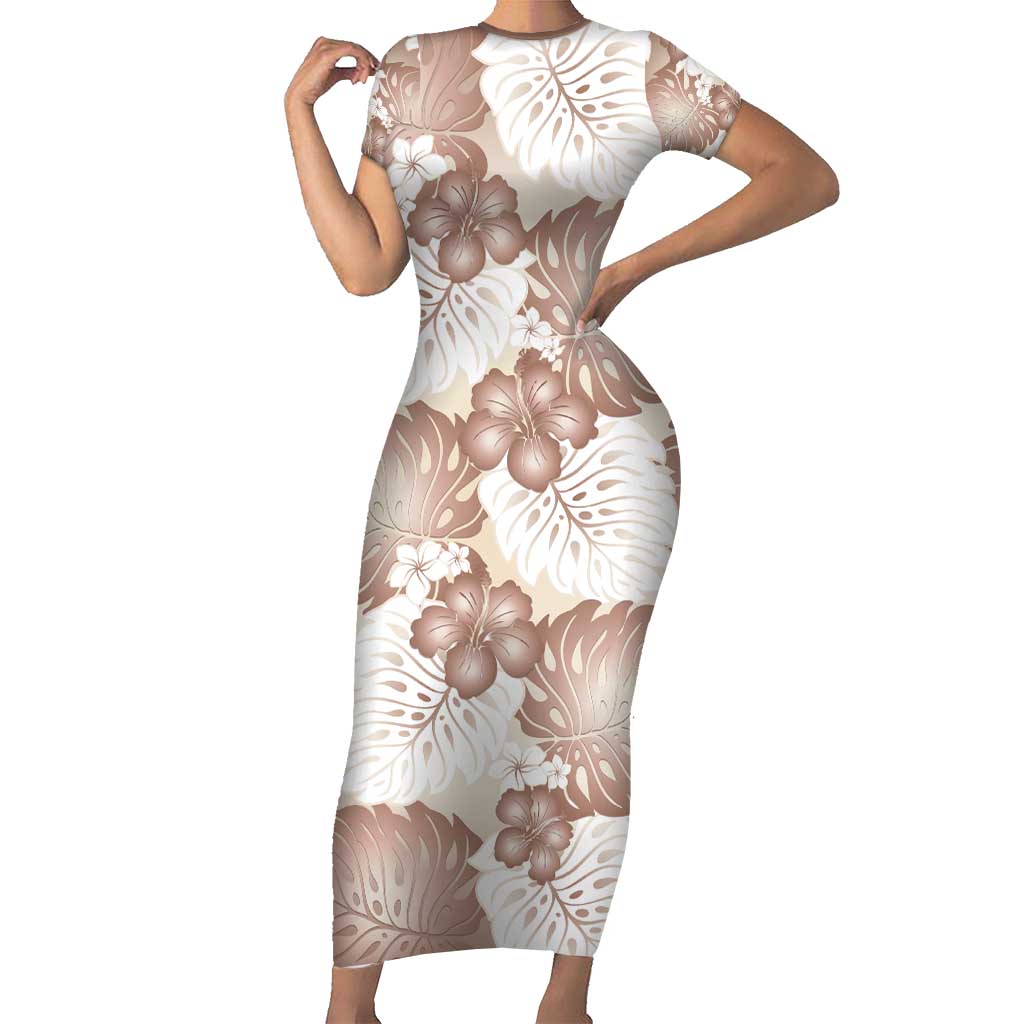 Mocha Mousse Aloha Hawaii Short Sleeve Bodycon Dress Monstera Hibiscus Plumeria Seamless Vibes - Polynesian Pride
