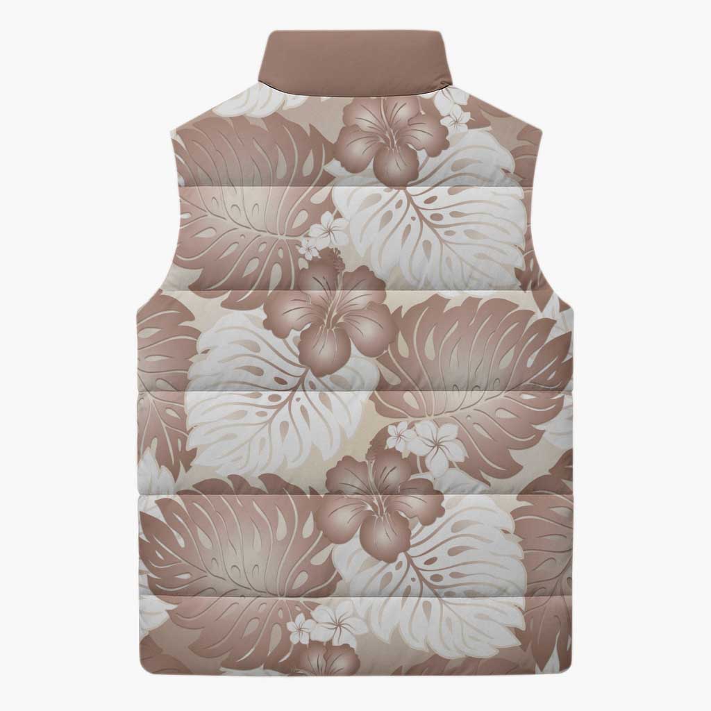 Mocha Mousse Aloha Hawaii Sleeveless Puffer Jacket Monstera Hibiscus Plumeria Seamless Vibes - Polynesian Pride