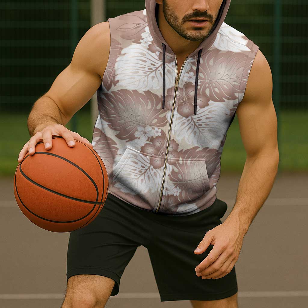 Mocha Mousse Aloha Hawaii Sleeveless Zip Hoodie Monstera Hibiscus Plumeria Seamless Vibes - Polynesian Pride