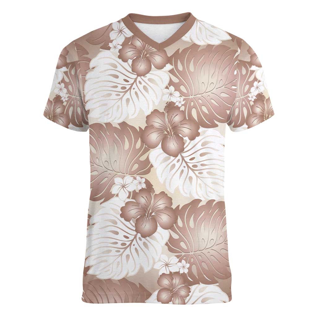 Mocha Mousse Aloha Hawaii Women V-Neck T-Shirt Monstera Hibiscus Plumeria Seamless Vibes - Polynesian Pride