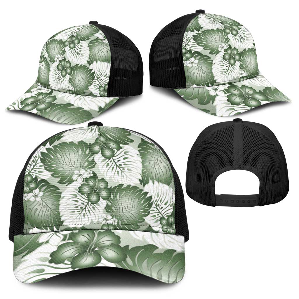 Sage Green Aloha Hawaii Baseball Net Cap Monstera Hibiscus Plumeria Seamless Vibes - Polynesian Pride