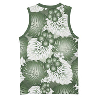 Sage Green Aloha Hawaii Basketball Jersey Monstera Hibiscus Plumeria Seamless Vibes - Polynesian Pride