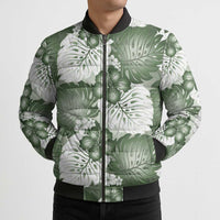 Sage Green Aloha Hawaii Bomber Puffer Jacket Monstera Hibiscus Plumeria Seamless Vibes - Polynesian Pride