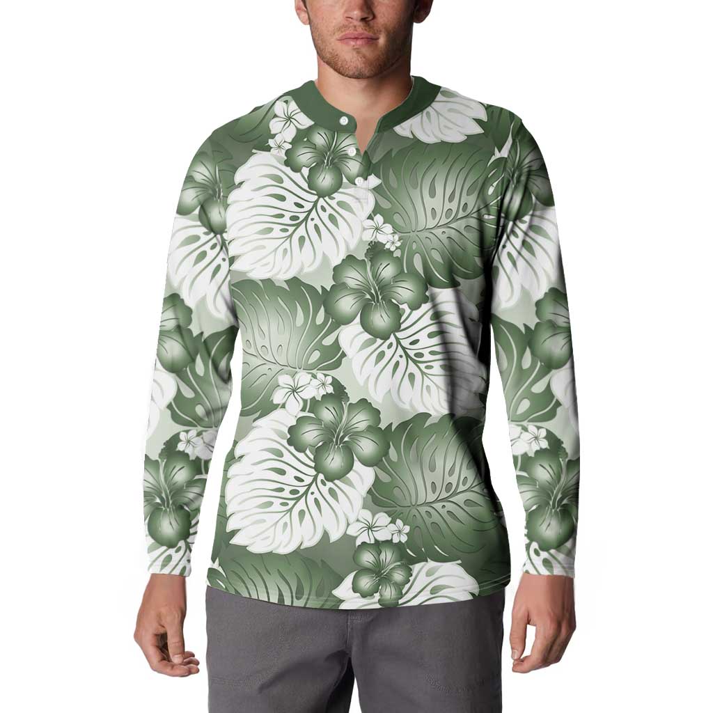 Sage Green Aloha Hawaii Button Sweatshirt Monstera Hibiscus Plumeria Seamless Vibes - Polynesian Pride