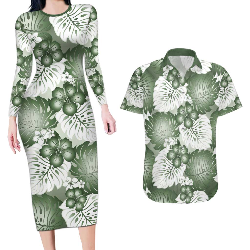 Sage Green Aloha Hawaii Couples Matching Long Sleeve Bodycon Dress and Hawaiian Shirt Monstera Hibiscus Plumeria Seamless Vibes - Polynesian Pride
