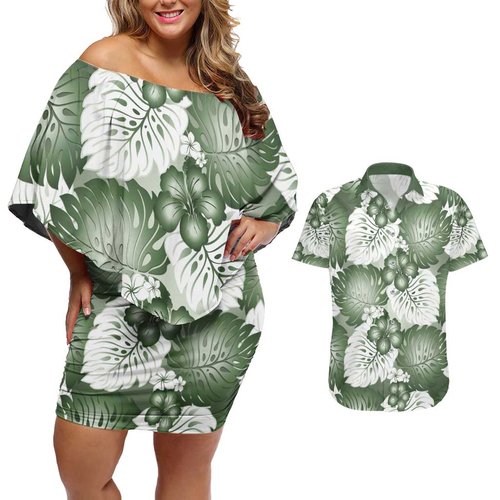 Sage Green Aloha Hawaii Couples Matching Off Shoulder Short Dress and Hawaiian Shirt Monstera Hibiscus Plumeria Seamless Vibes - Polynesian Pride