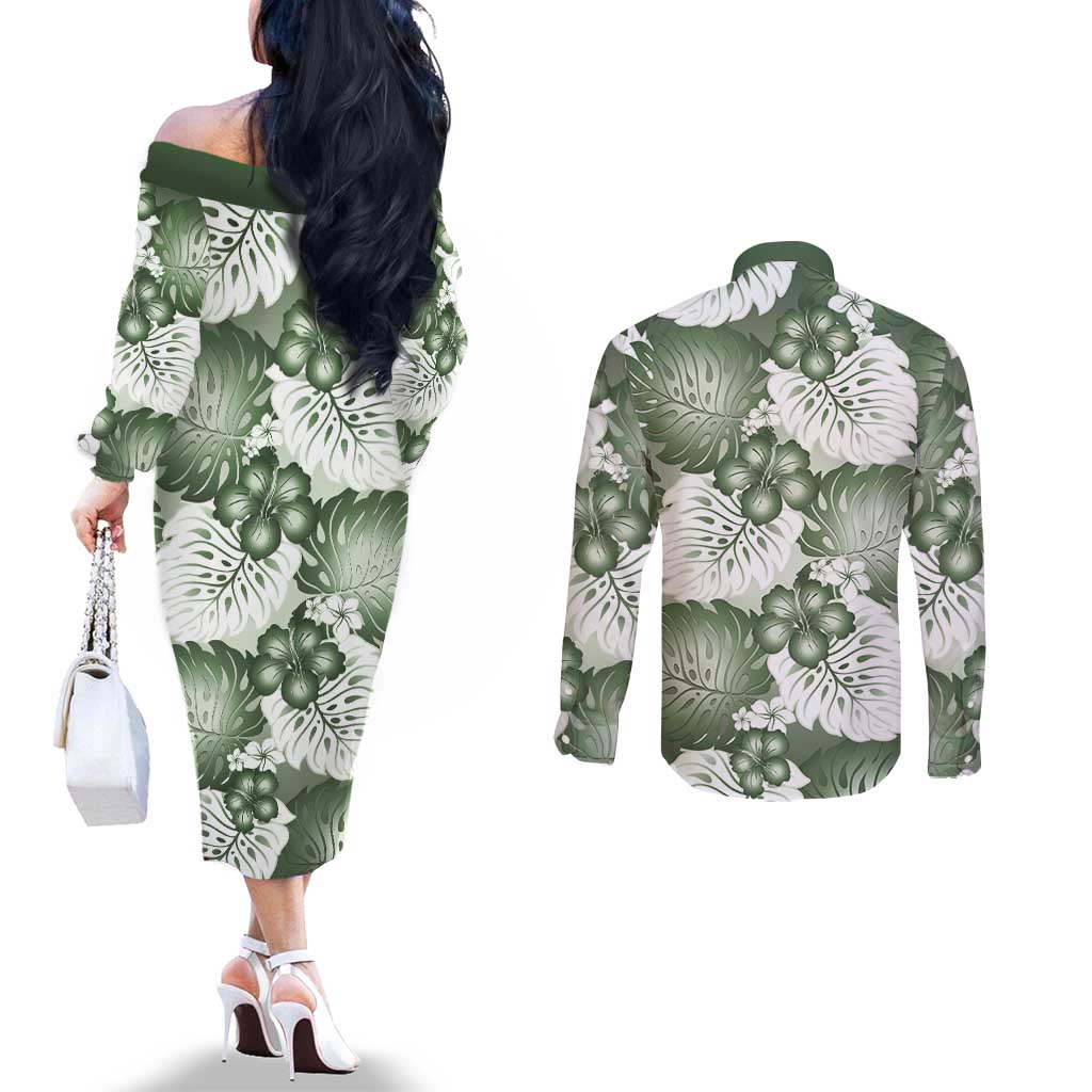 Sage Green Aloha Hawaii Couples Matching Off The Shoulder Long Sleeve Dress and Long Sleeve Button Shirt Monstera Hibiscus Plumeria Seamless Vibes - Polynesian Pride
