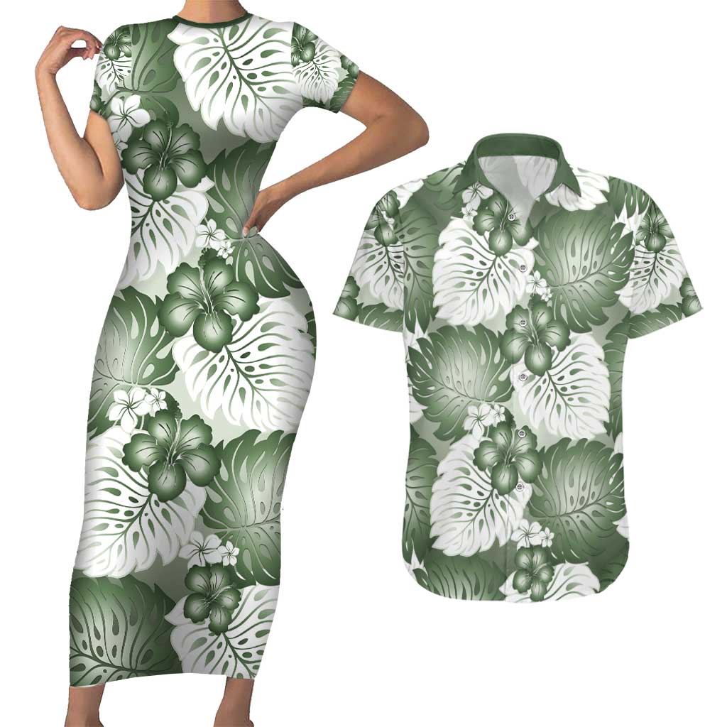 Sage Green Aloha Hawaii Couples Matching Short Sleeve Bodycon Dress and Hawaiian Shirt Monstera Hibiscus Plumeria Seamless Vibes - Polynesian Pride