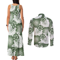 Sage Green Aloha Hawaii Couples Matching Tank Maxi Dress and Long Sleeve Button Shirt Monstera Hibiscus Plumeria Seamless Vibes - Polynesian Pride