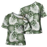 Sage Green Aloha Hawaii Cross Shoulder Shirt Monstera Hibiscus Plumeria Seamless Vibes - Polynesian Pride