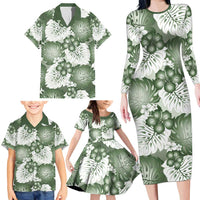 Sage Green Aloha Hawaii Family Matching Long Sleeve Bodycon Dress and Hawaiian Shirt Monstera Hibiscus Plumeria Seamless Vibes - Polynesian Pride