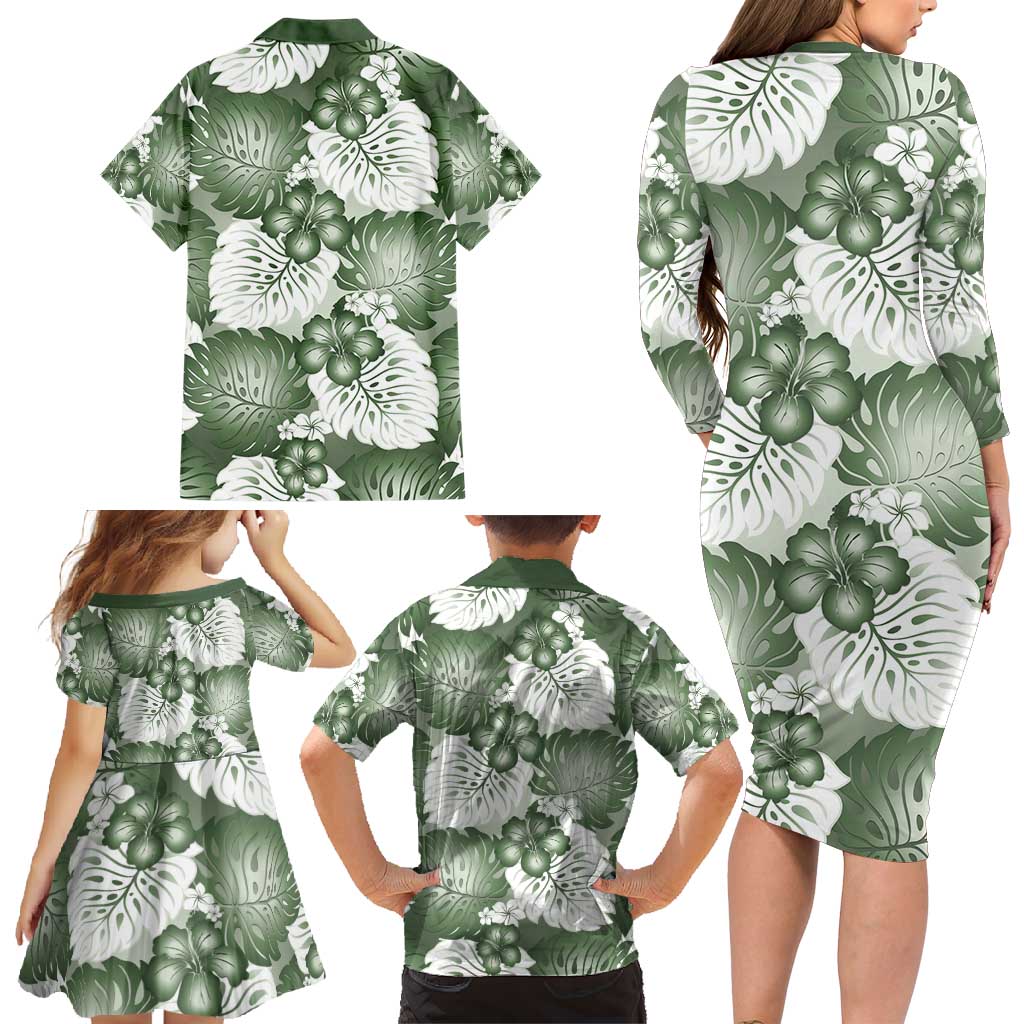 Sage Green Aloha Hawaii Family Matching Long Sleeve Bodycon Dress and Hawaiian Shirt Monstera Hibiscus Plumeria Seamless Vibes - Polynesian Pride
