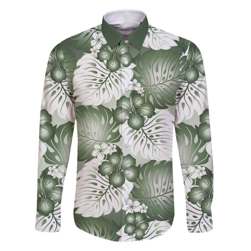 Sage Green Aloha Hawaii Family Matching Long Sleeve Bodycon Dress and Hawaiian Shirt Monstera Hibiscus Plumeria Seamless Vibes - Polynesian Pride