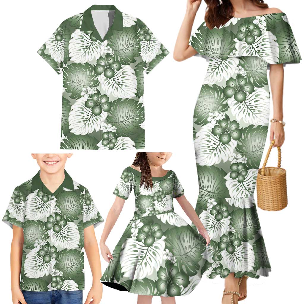 Sage Green Aloha Hawaii Family Matching Mermaid Dress and Hawaiian Shirt Monstera Hibiscus Plumeria Seamless Vibes - Polynesian Pride