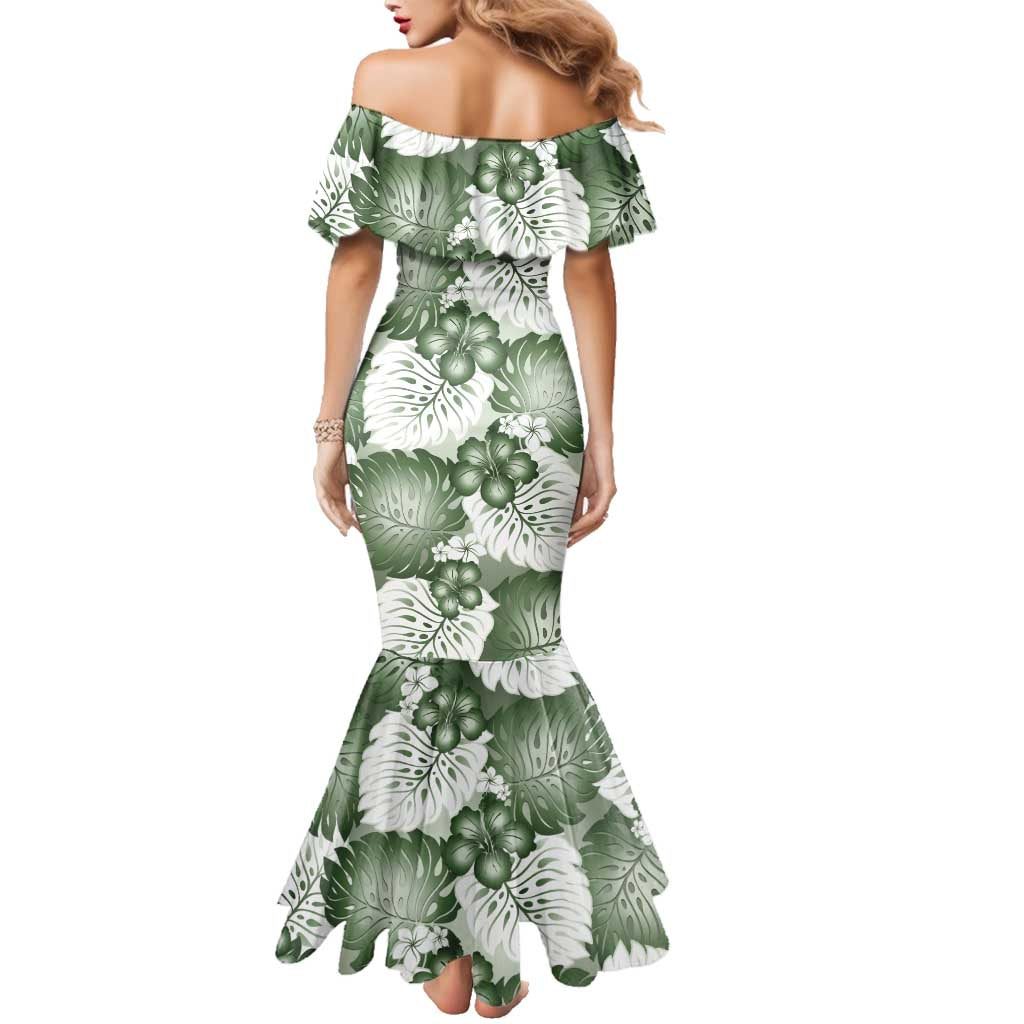 Sage Green Aloha Hawaii Family Matching Mermaid Dress and Hawaiian Shirt Monstera Hibiscus Plumeria Seamless Vibes - Polynesian Pride
