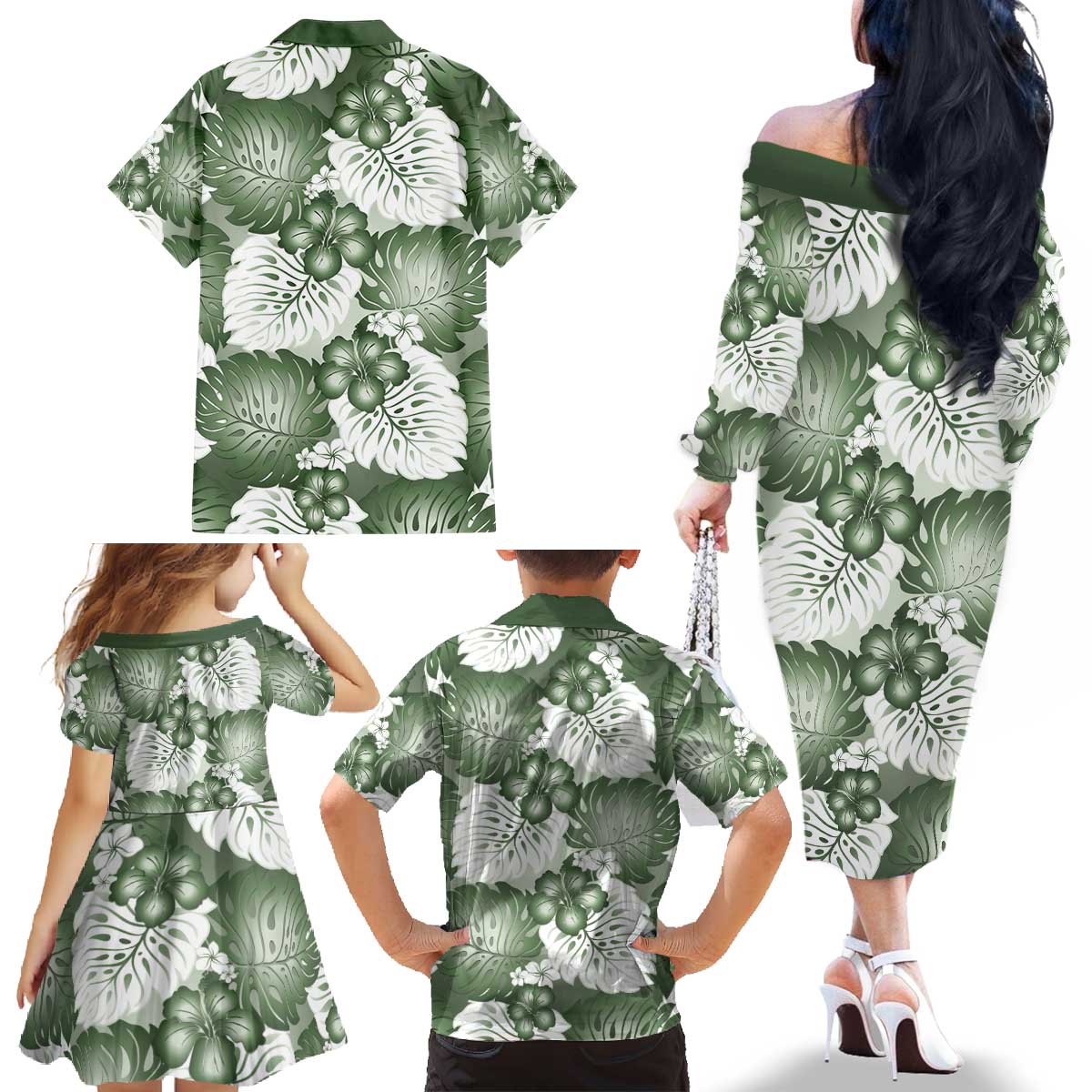 Sage Green Aloha Hawaii Family Matching Off The Shoulder Long Sleeve Dress and Hawaiian Shirt Monstera Hibiscus Plumeria Seamless Vibes - Polynesian Pride