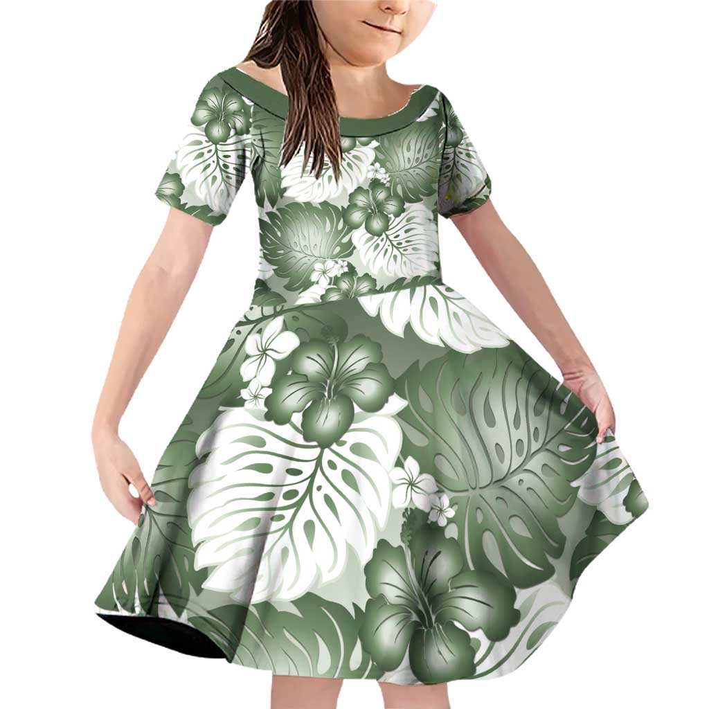 Sage Green Aloha Hawaii Family Matching Off Shoulder Short Dress and Hawaiian Shirt Monstera Hibiscus Plumeria Seamless Vibes - Polynesian Pride
