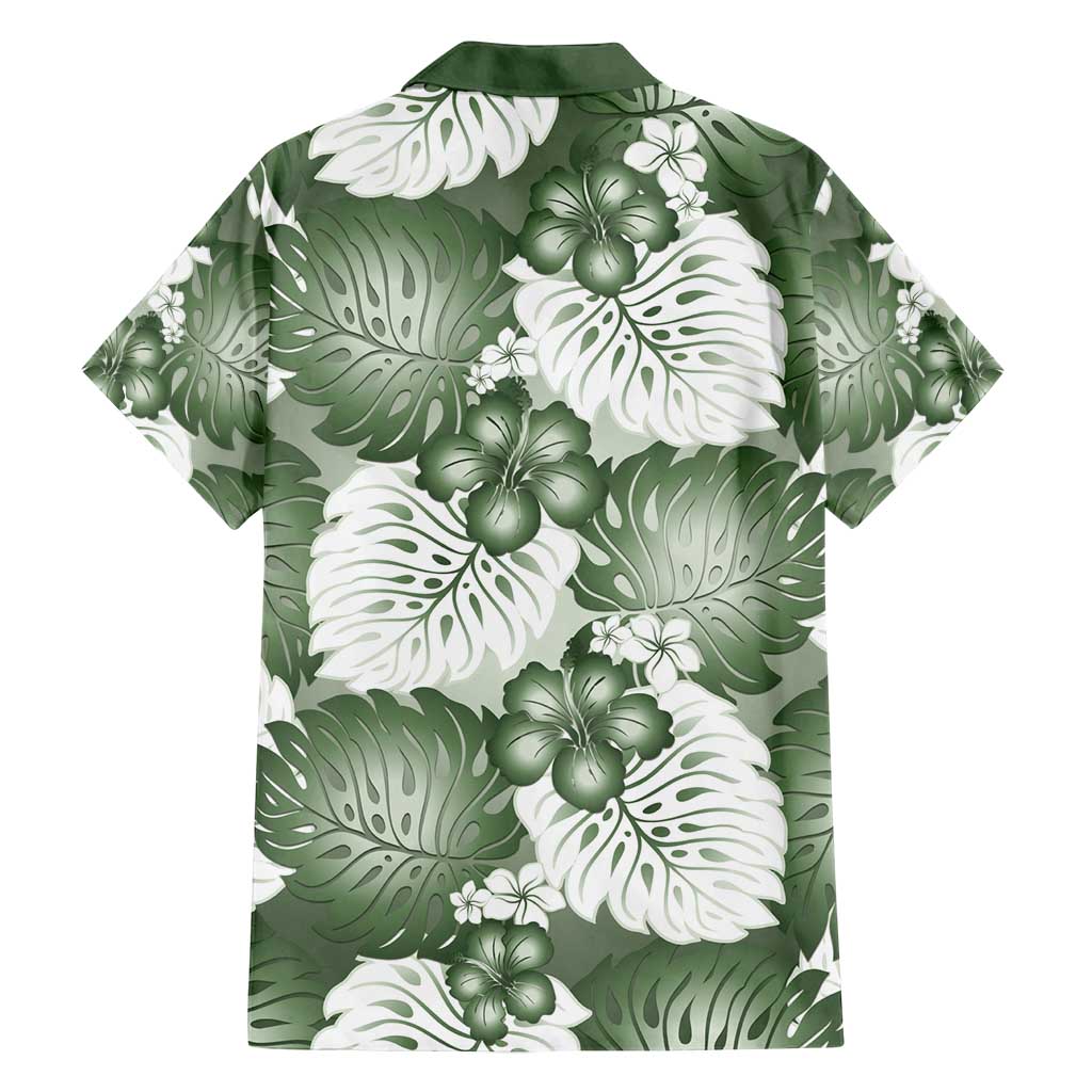 Sage Green Aloha Hawaii Family Matching Off Shoulder Short Dress and Hawaiian Shirt Monstera Hibiscus Plumeria Seamless Vibes - Polynesian Pride