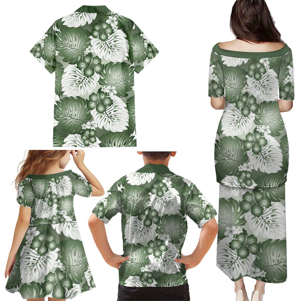 Sage Green Aloha Hawaii Family Matching Puletasi and Hawaiian Shirt Monstera Hibiscus Plumeria Seamless Vibes - Polynesian Pride