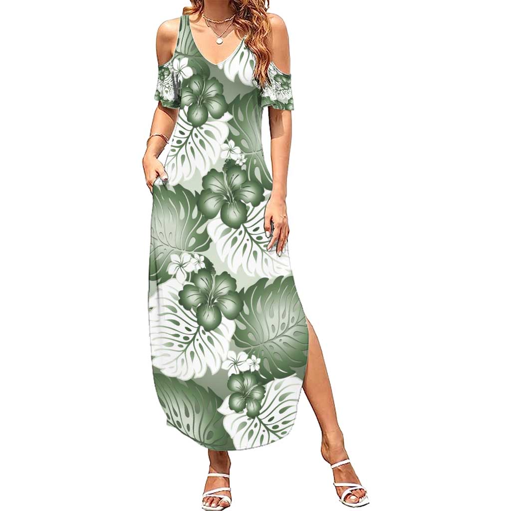 Sage Green Aloha Hawaii Family Matching Summer Maxi Dress and Hawaiian Shirt Monstera Hibiscus Plumeria Seamless Vibes - Polynesian Pride