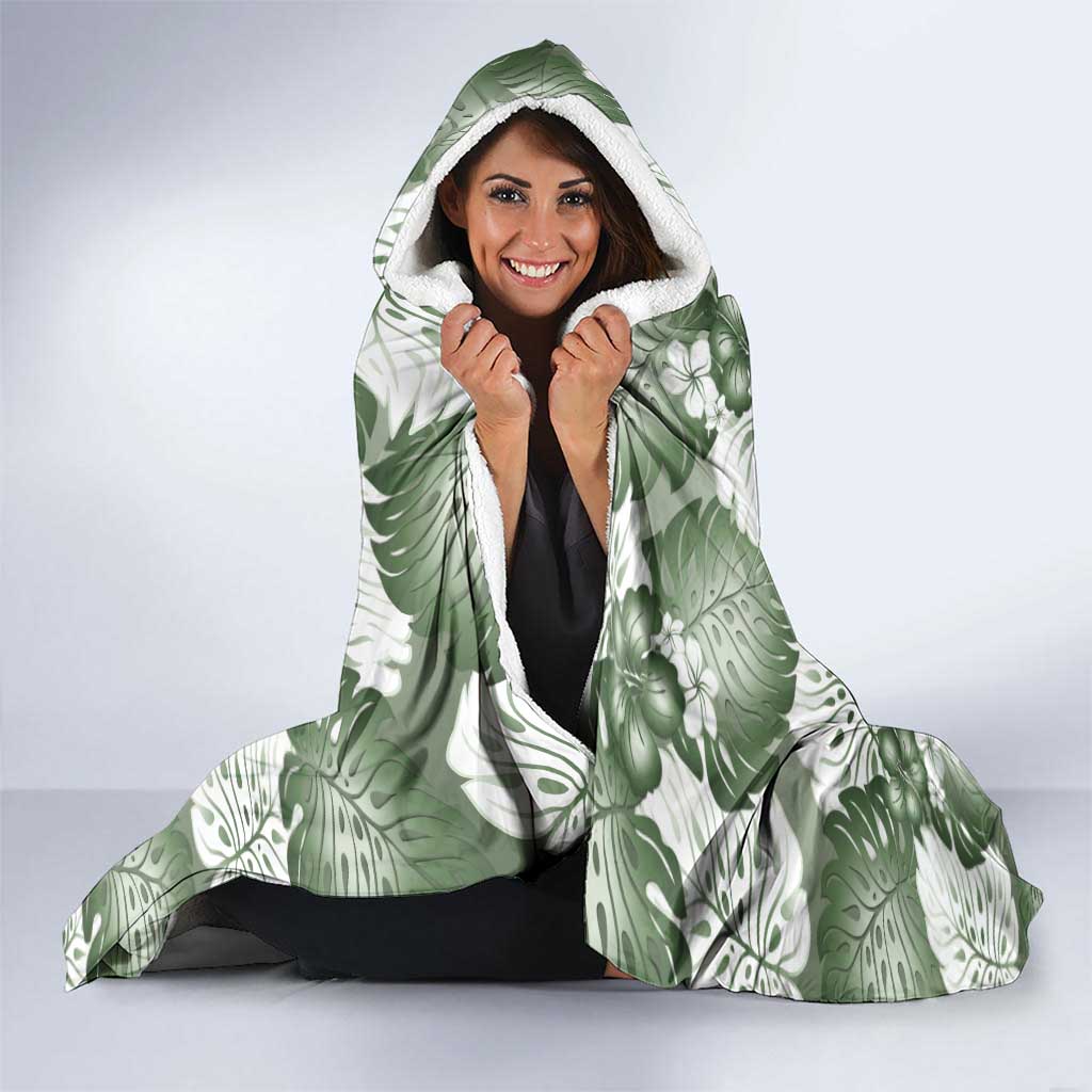 Sage Green Aloha Hawaii Hooded Blanket Monstera Hibiscus Plumeria Seamless Vibes - Polynesian Pride