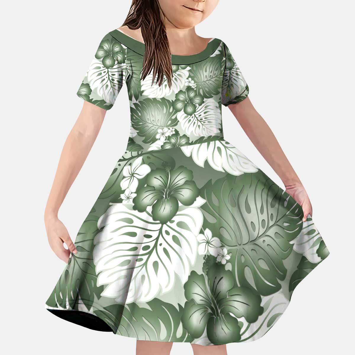 Sage Green Aloha Hawaii Kid Short Sleeve Dress Monstera Hibiscus Plumeria Seamless Vibes - Polynesian Pride