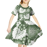 Sage Green Aloha Hawaii Kid Short Sleeve Dress Monstera Hibiscus Plumeria Seamless Vibes - Polynesian Pride