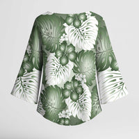 Sage Green Aloha Hawaii Kimono Sleeve Blouse Monstera Hibiscus Plumeria Seamless Vibes - Polynesian Pride