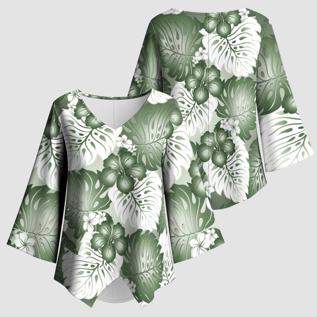 Sage Green Aloha Hawaii Kimono Sleeve Blouse Monstera Hibiscus Plumeria Seamless Vibes - Polynesian Pride