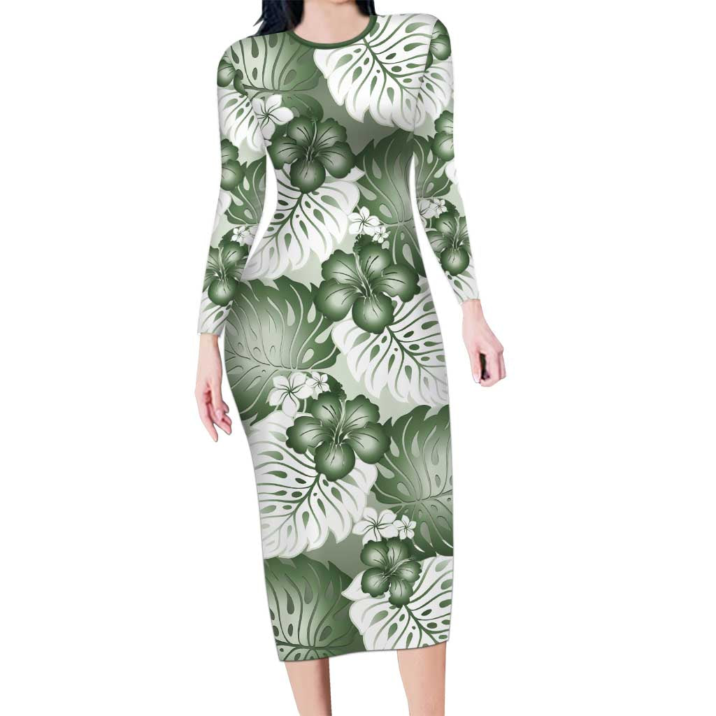 Sage Green Aloha Hawaii Long Sleeve Bodycon Dress Monstera Hibiscus Plumeria Seamless Vibes - Polynesian Pride
