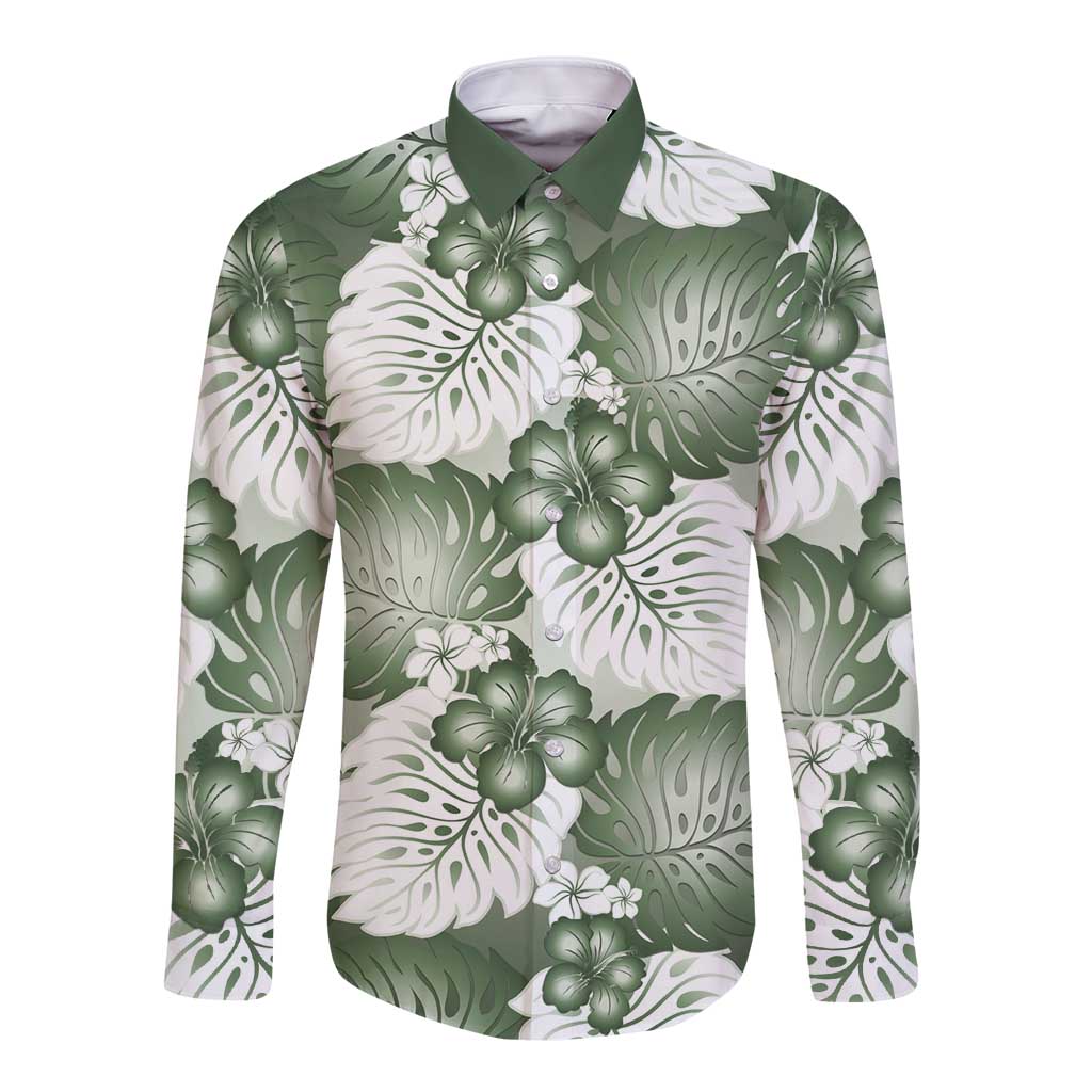 Sage Green Aloha Hawaii Long Sleeve Button Shirt Monstera Hibiscus Plumeria Seamless Vibes - Polynesian Pride