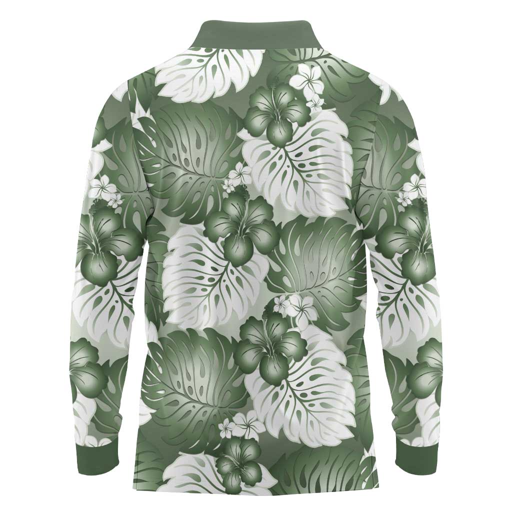 Sage Green Aloha Hawaii Long Sleeve Polo Shirt Monstera Hibiscus Plumeria Seamless Vibes - Polynesian Pride