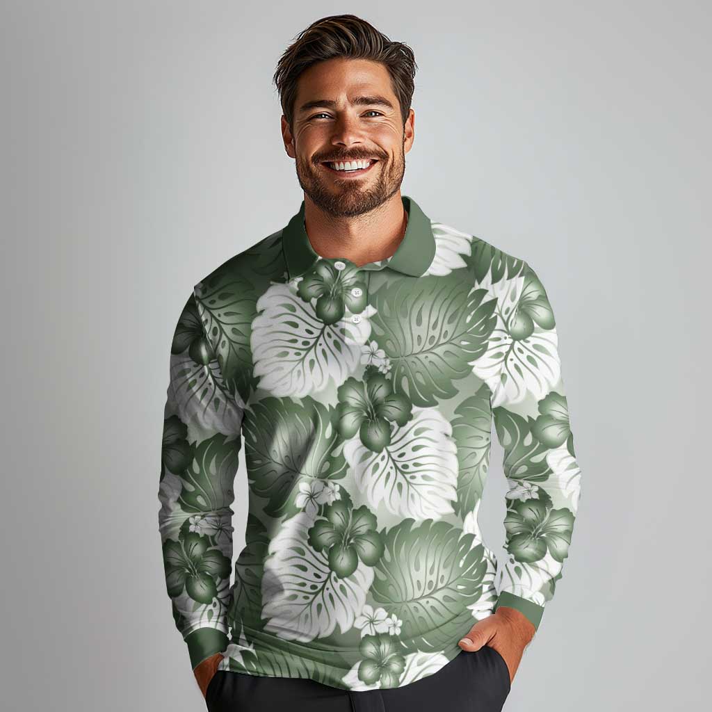 Sage Green Aloha Hawaii Long Sleeve Polo Shirt Monstera Hibiscus Plumeria Seamless Vibes - Polynesian Pride