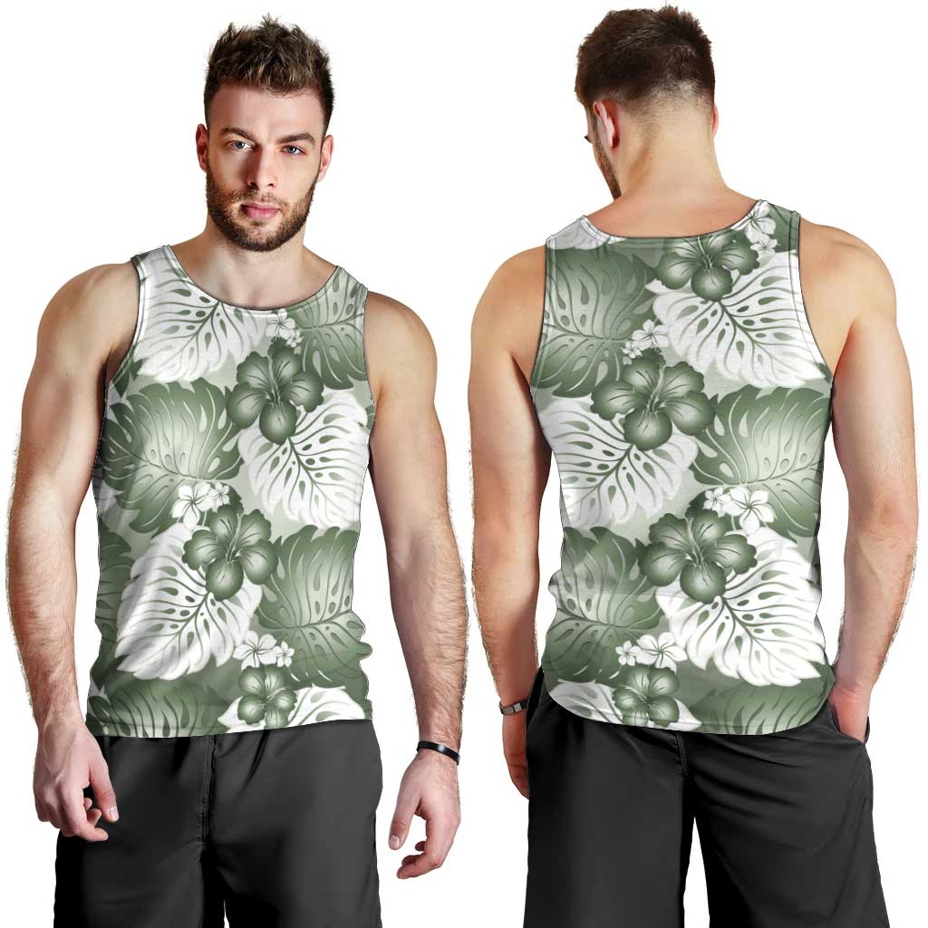Sage Green Aloha Hawaii Men Tank Top Monstera Hibiscus Plumeria Seamless Vibes - Polynesian Pride