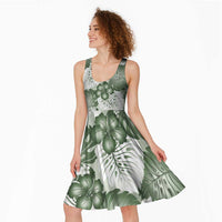 Sage Green Aloha Hawaii Midi Dress Monstera Hibiscus Plumeria Seamless Vibes - Polynesian Pride