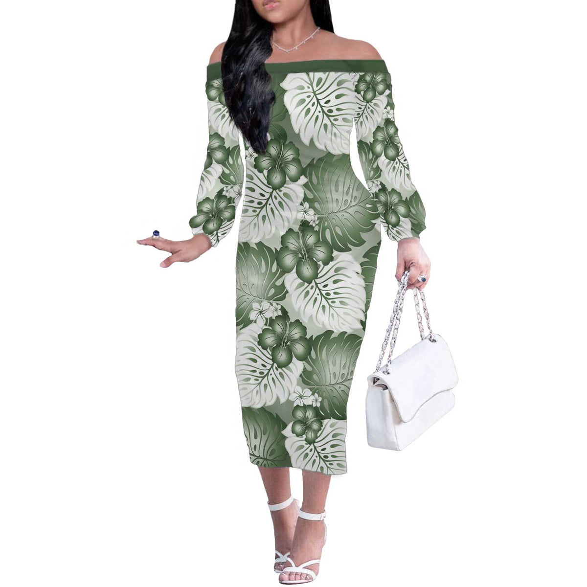 Sage Green Aloha Hawaii Off The Shoulder Long Sleeve Dress Monstera Hibiscus Plumeria Seamless Vibes - Polynesian Pride