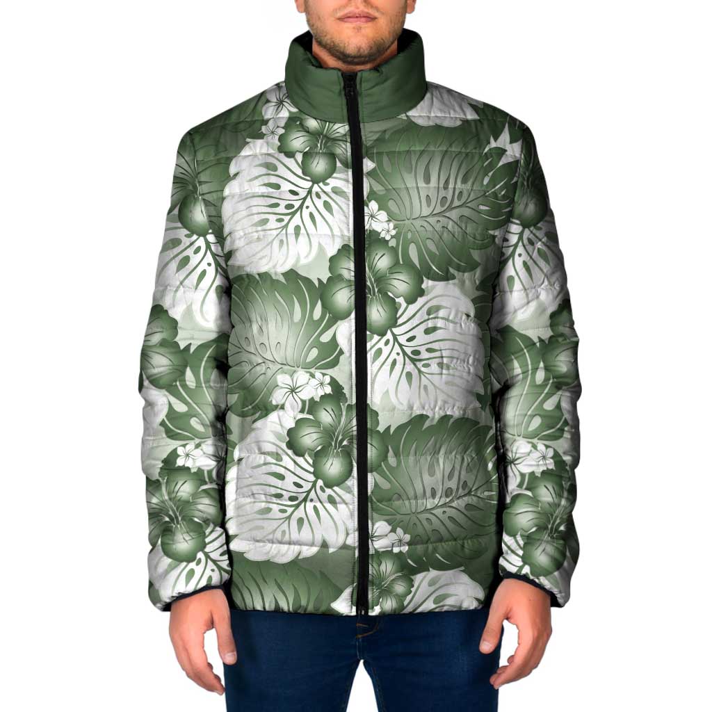 Sage Green Aloha Hawaii Padded Jacket Monstera Hibiscus Plumeria Seamless Vibes - Polynesian Pride
