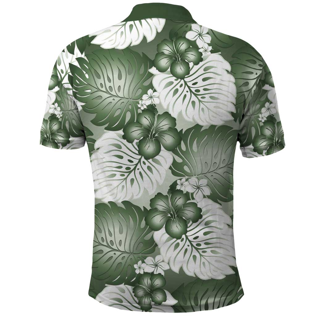Sage Green Aloha Hawaii Polo Shirt Monstera Hibiscus Plumeria Seamless Vibes - Polynesian Pride