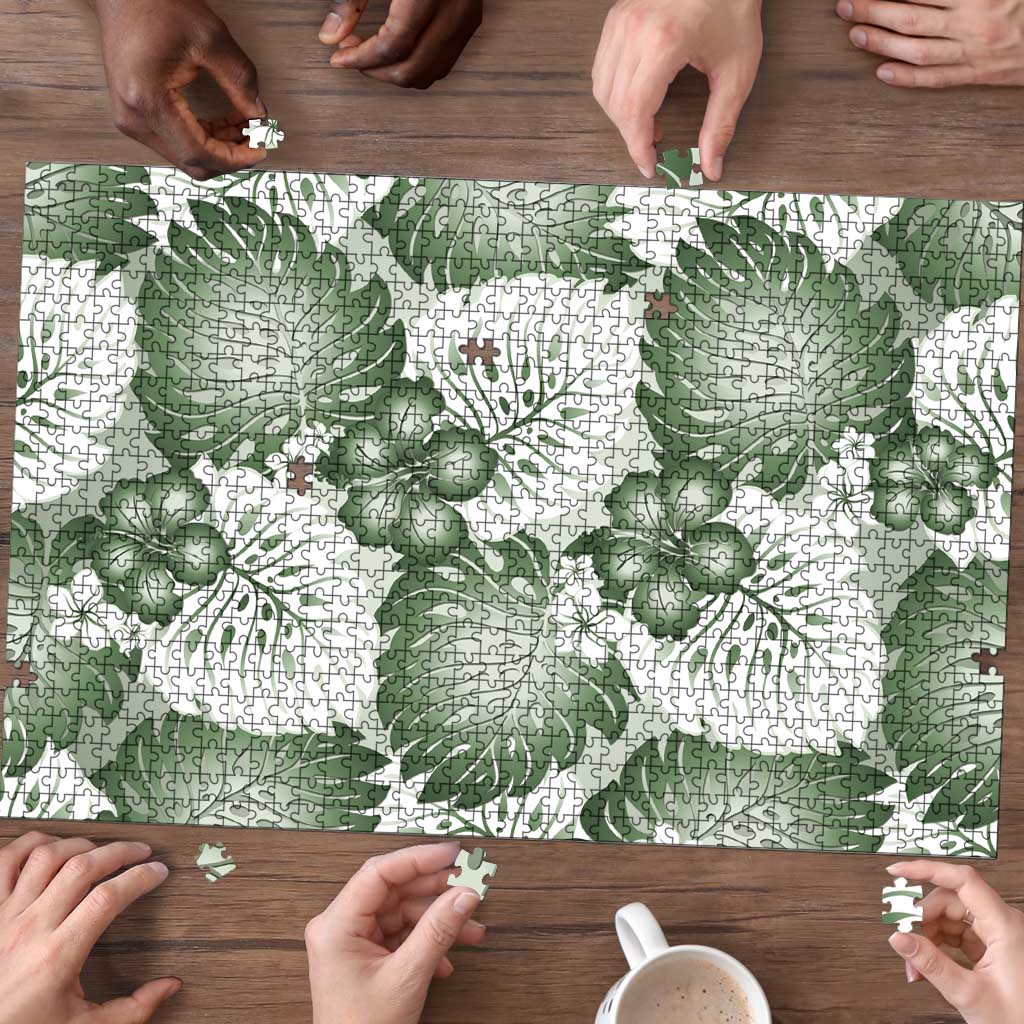 Sage Green Aloha Hawaii Puzzle Monstera Hibiscus Plumeria Seamless Vibes - Polynesian Pride