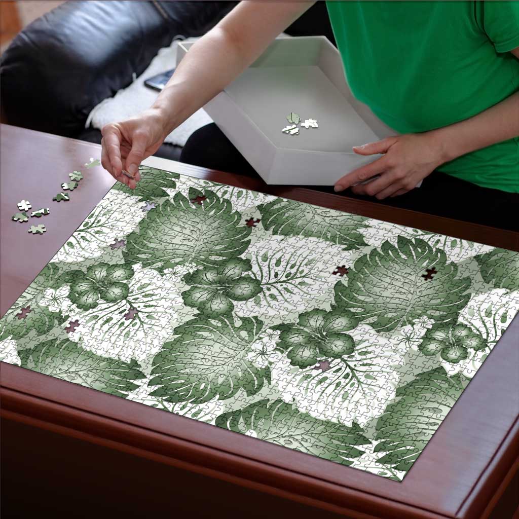 Sage Green Aloha Hawaii Puzzle Monstera Hibiscus Plumeria Seamless Vibes - Polynesian Pride