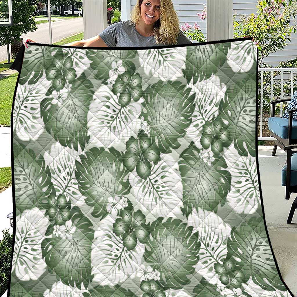Sage Green Aloha Hawaii Quilt Monstera Hibiscus Plumeria Seamless Vibes - Polynesian Pride